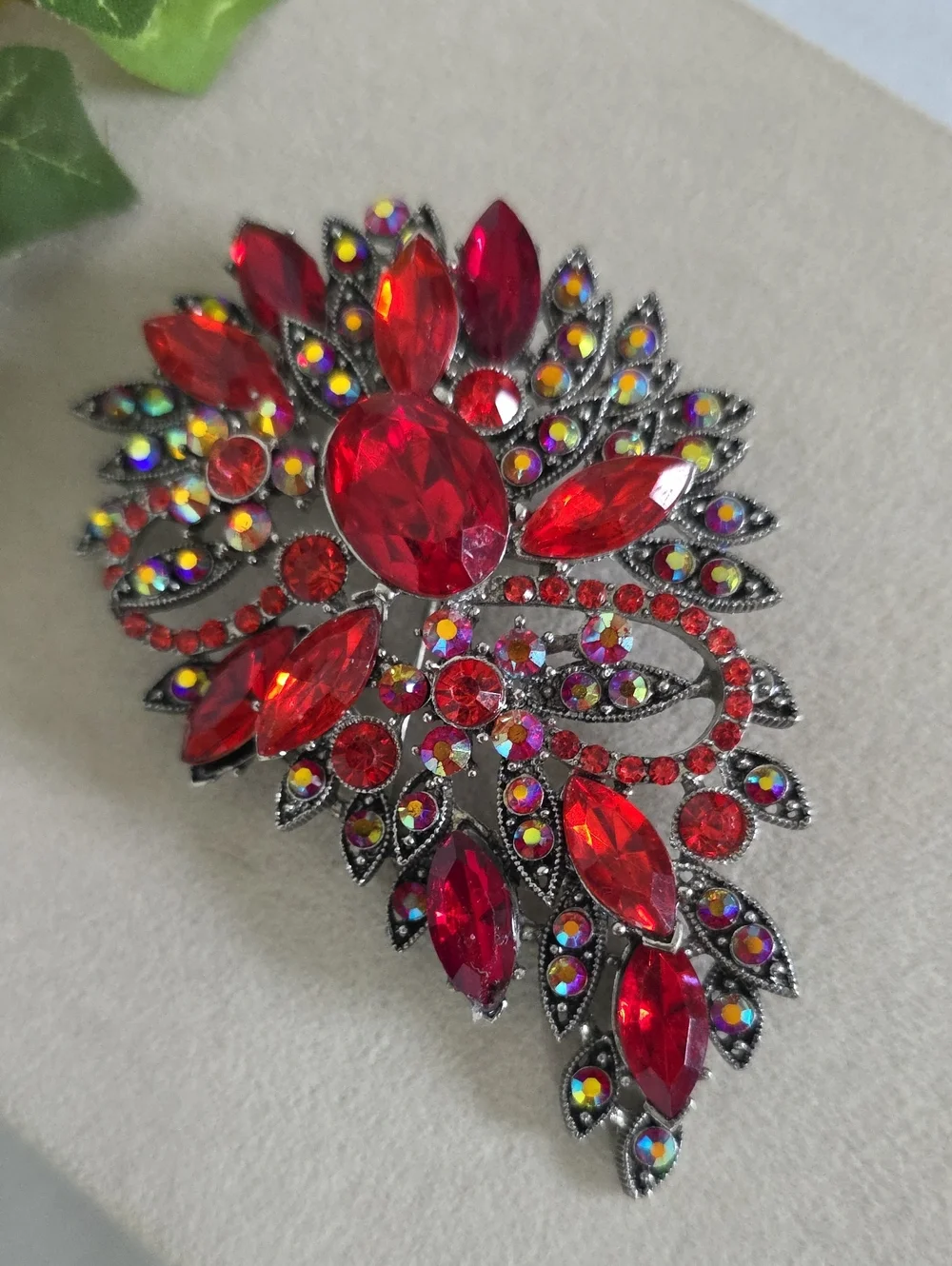Vintage Style Ruby Red AB Rhinestone Floral Brooch Pin | Large Statement Pin